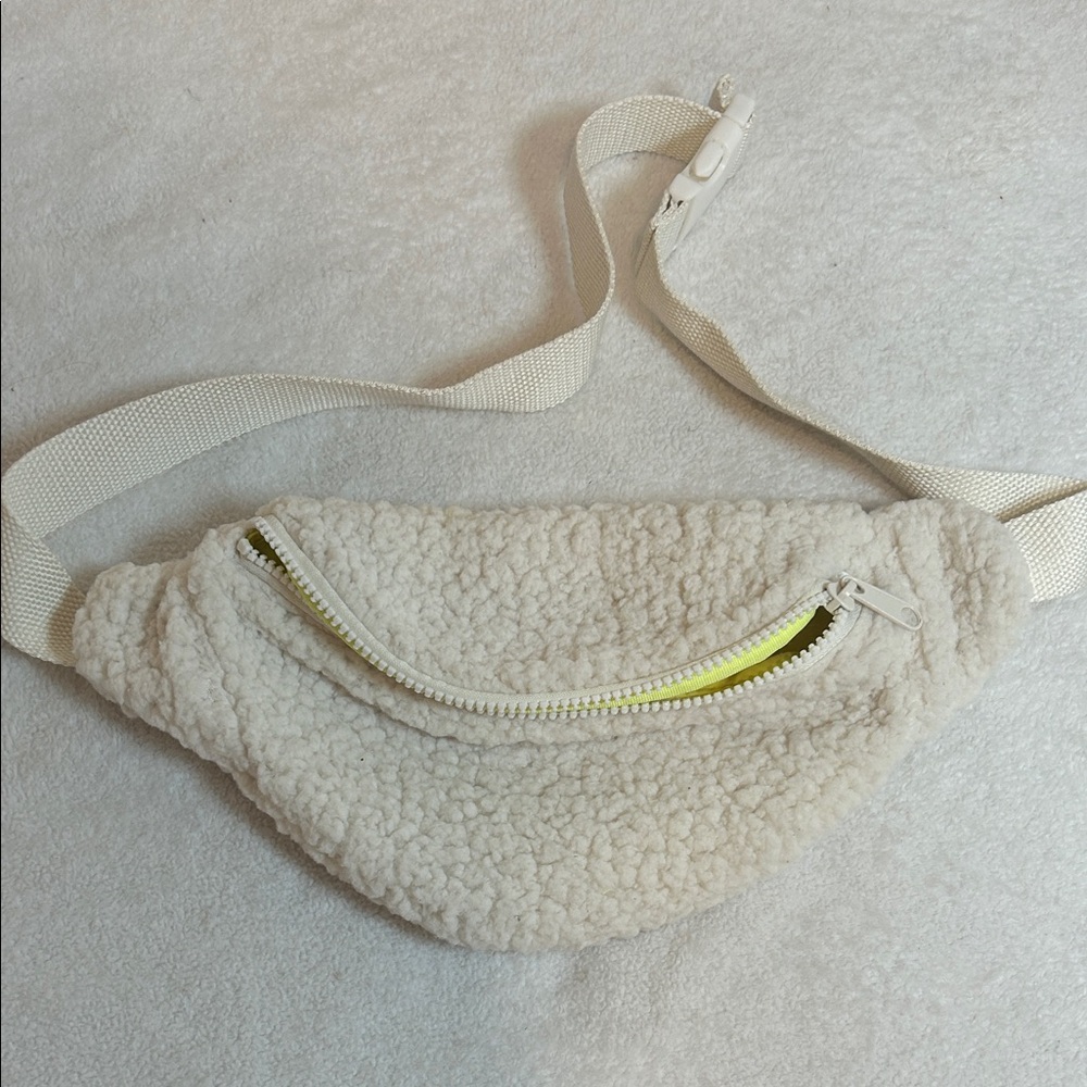 aerie Cream Sherpa Belt Bag with Neon Yellow Lining
